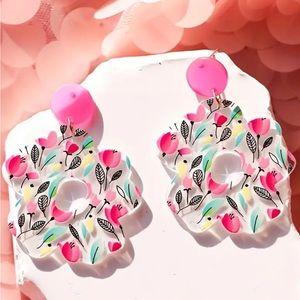 Pink Floral Drop Acrylic Earrings